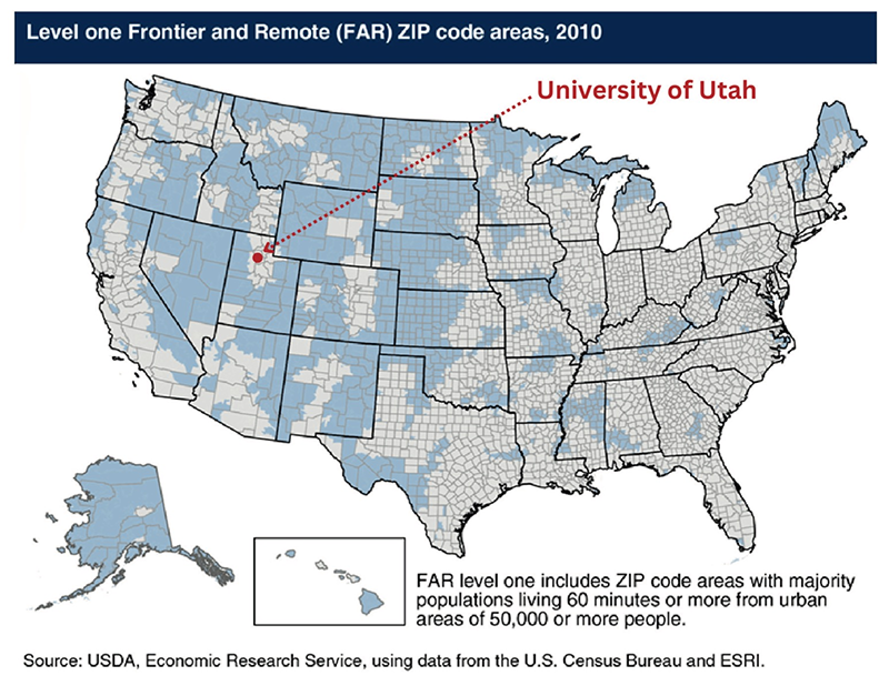 Map of the US titled Level one Frontier and Remote (FAR) Zip code areas, 2010.